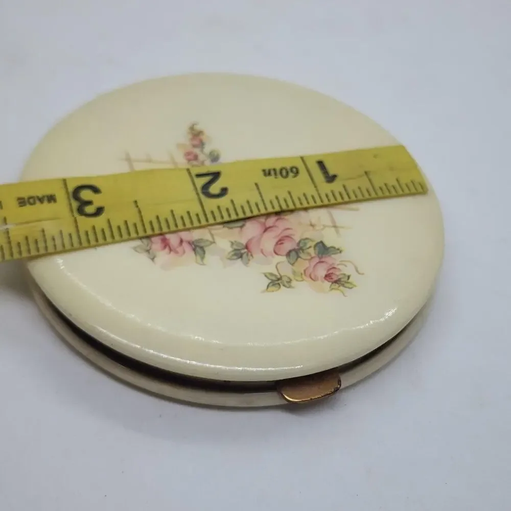 Vintage Large Lucite Powder Compact Pink Roses Floral Vanity Mirror 3